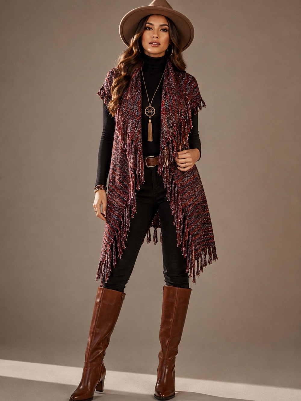 Ponsisa Knit Fringe Vest Shawl | Multicolor Boho Open Front Cardigan Wrap M